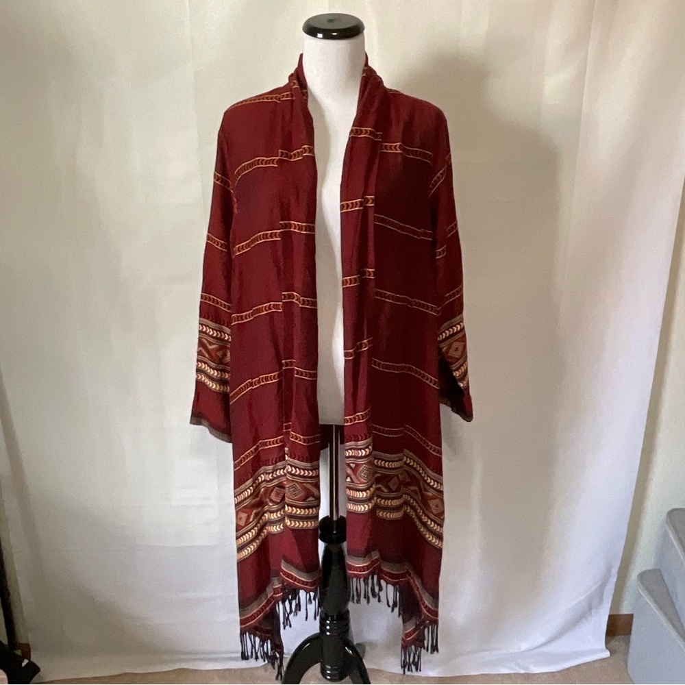 Soft Surroundings Aztec western style rayon kimono with fringe detail Size small